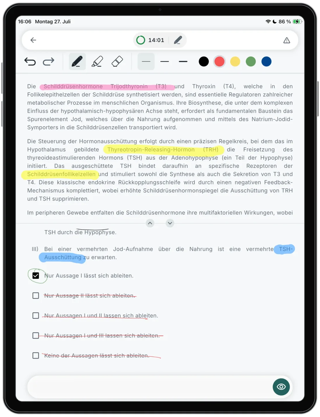 TMS-Aufgabe mit Timer und Markierungen in MedYourWay